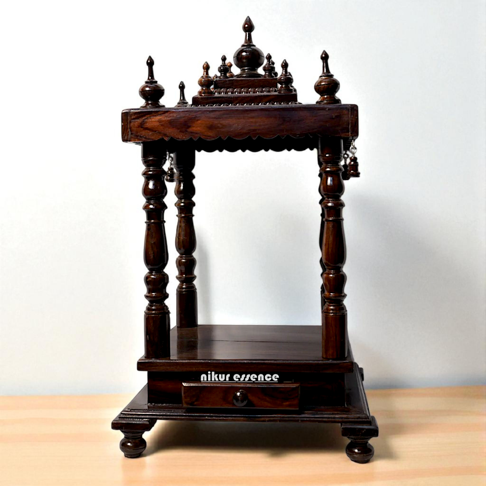 Nikur Essence Four-Sided Open Rosewood Temple with Storage Drawer Handcrafted Wooden Pooja Mandir for Home Decor Nikuressence