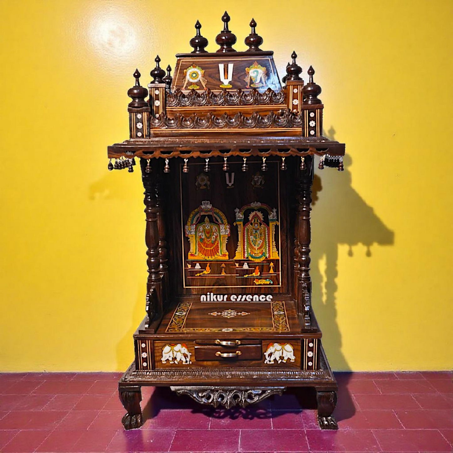 Premium Handcrafted Rosewood Temple with Drawer – Lord Venkateswara Carving Nikur Essence Nikuressence