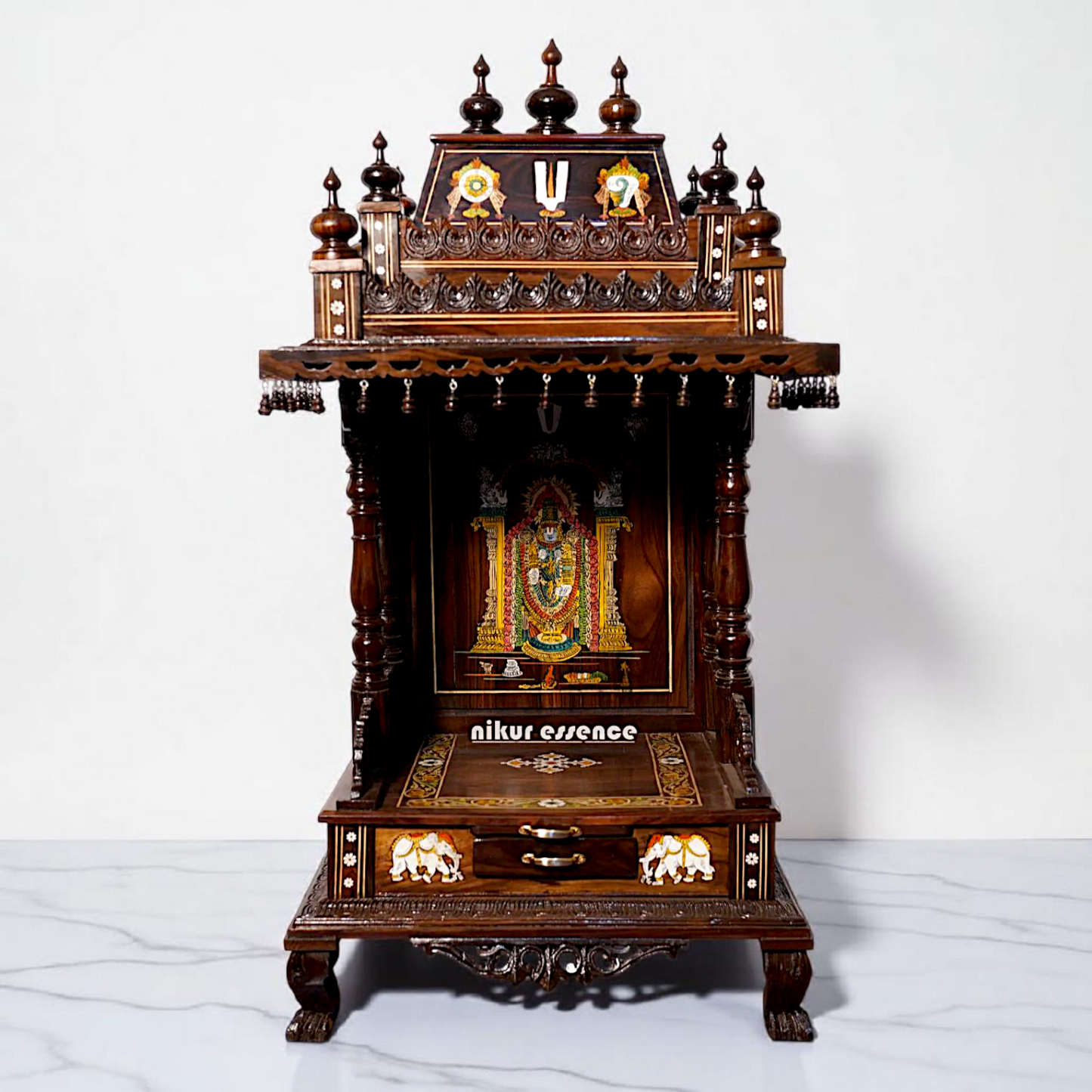 Handcrafted Rosewood Wooden Temple with Drawer – Lord Venkateswara Design Nikuressence