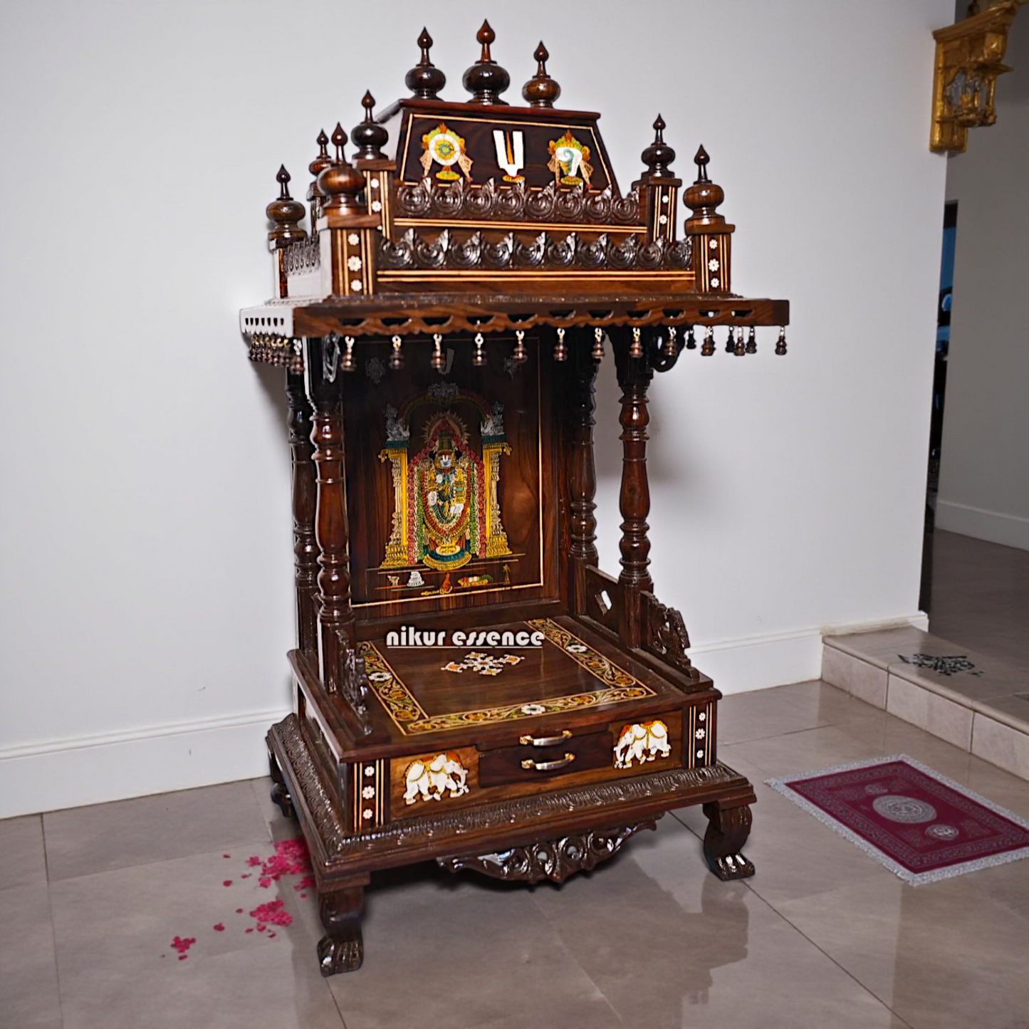 Handcrafted Rosewood Wooden Temple with Drawer – Lord Venkateswara Design Nikuressence