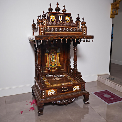 Handcrafted Rosewood Wooden Temple with Drawer – Lord Venkateswara Design Nikuressence
