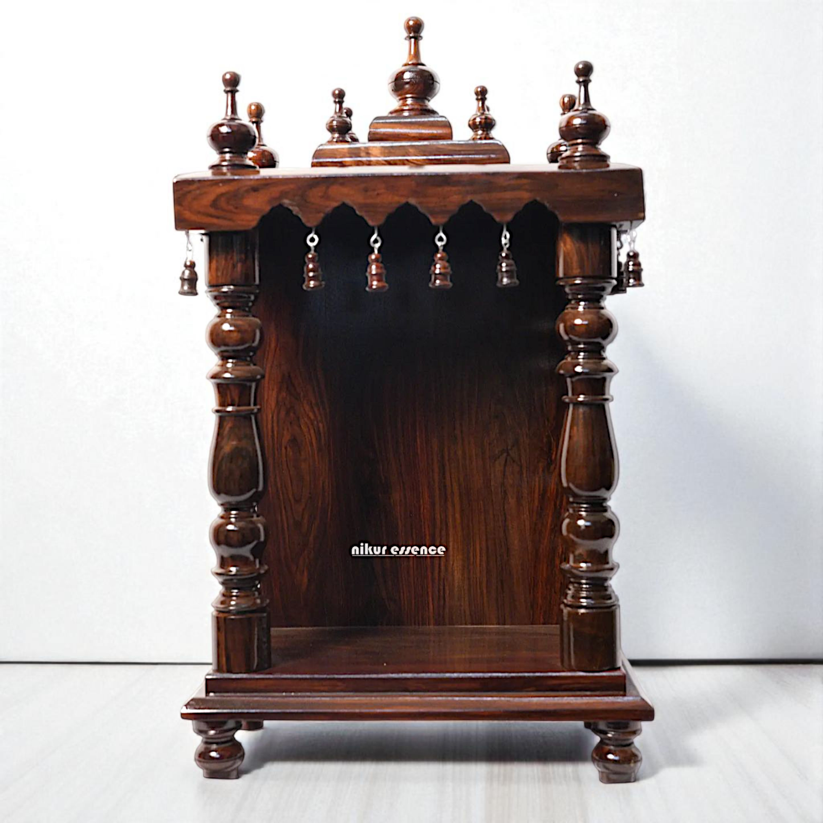Wooden Puja Temple with Ornate Top – by Nikur Essence Nikuressence