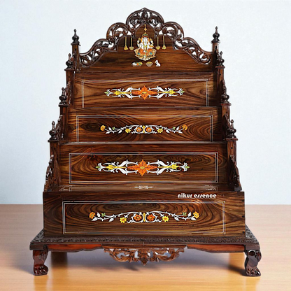 Elegant Multi-Tiered Wooden Pooja Mandir with Ganesha Inlay – Handcrafted Temple by Nikur Essence Nikuressence