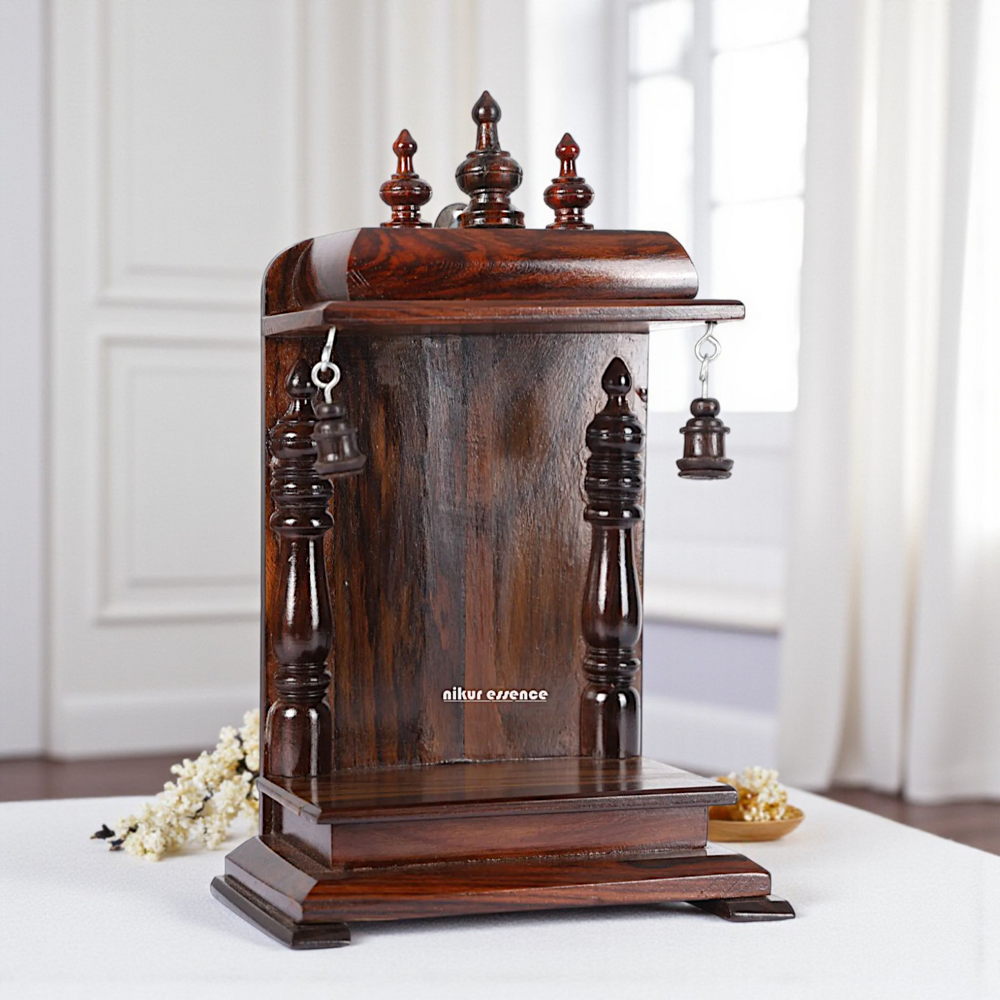 Designer Wooden Wall-Mounted Puja Temple – Compact & Elegant Mandir by Nikur Essence Nikuressence