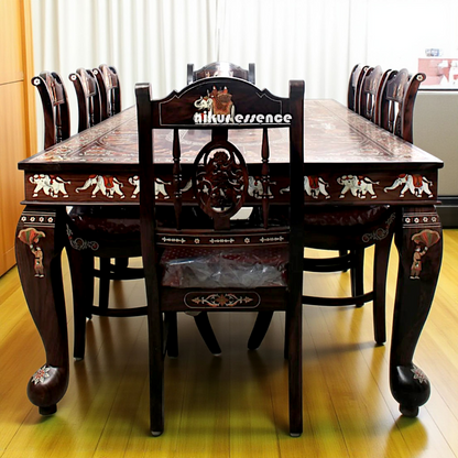 Nikur Essence Handcrafted 8-Seater Royal Dining Table Set with King Procession Inlay – Rectangular Solid Wood Table with Artistic Heritage Detailing Nikuressence