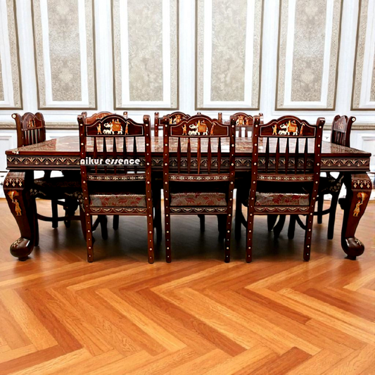 Nikur Essence 8-Seater Rosewood Royal Dining Set – Handcrafted Mysore Inlay Table with Matching Chairs for Luxurious Living Spaces Nikuressence