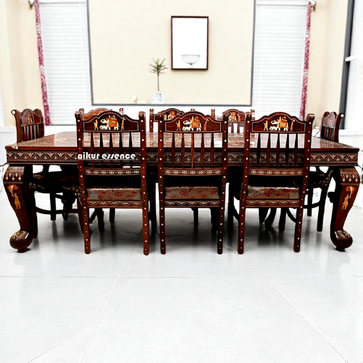 Nikur Essence 8-Seater Rosewood Royal Dining Set – Handcrafted Mysore Inlay Table with Matching Chairs for Luxurious Living Spaces Nikuressence