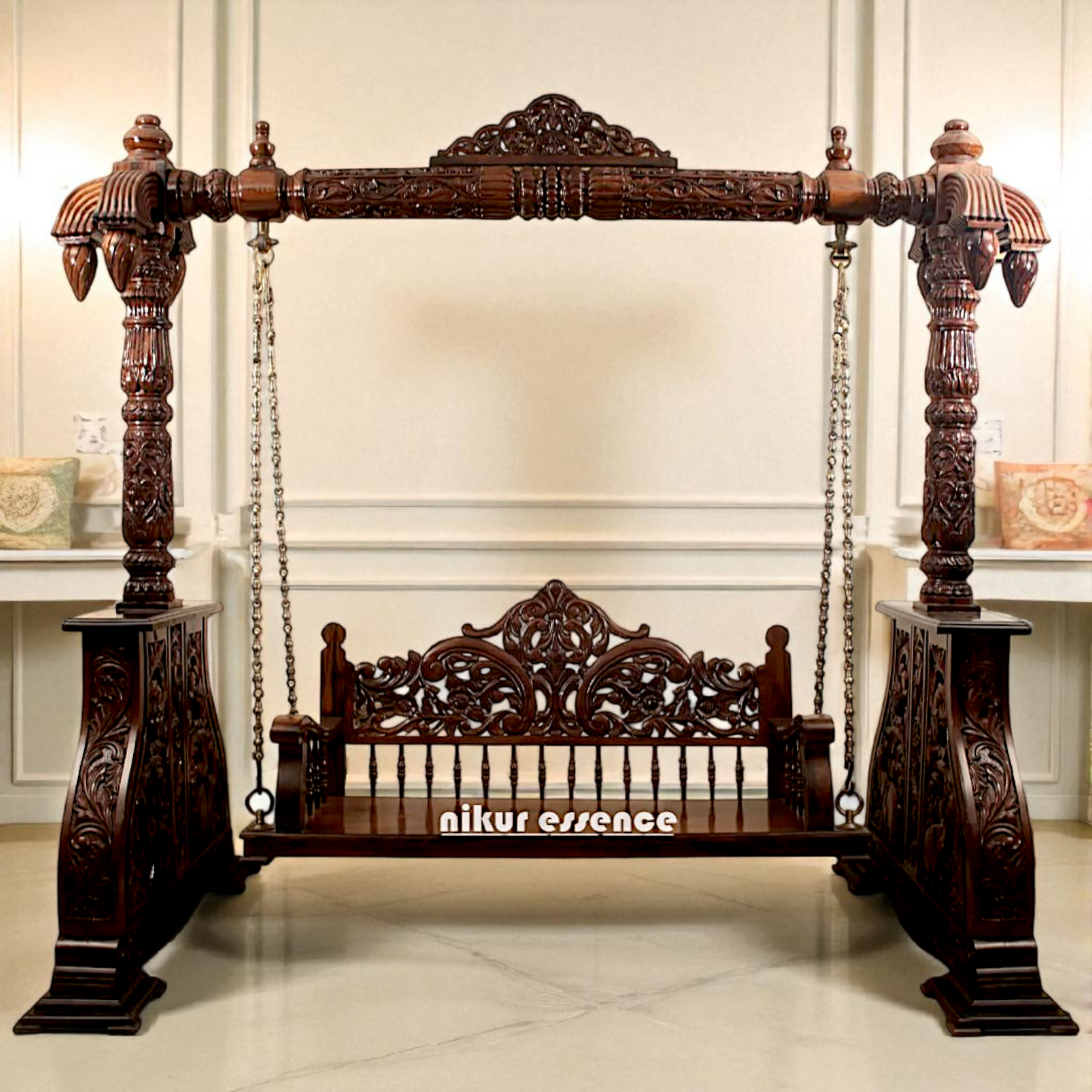Nikur Essence Grand Hand-Carved Wooden Swing with Ornate Detailing & Premium Brass Chains – Traditional Jhula for Home Decor & Indoor Use Nikuressence