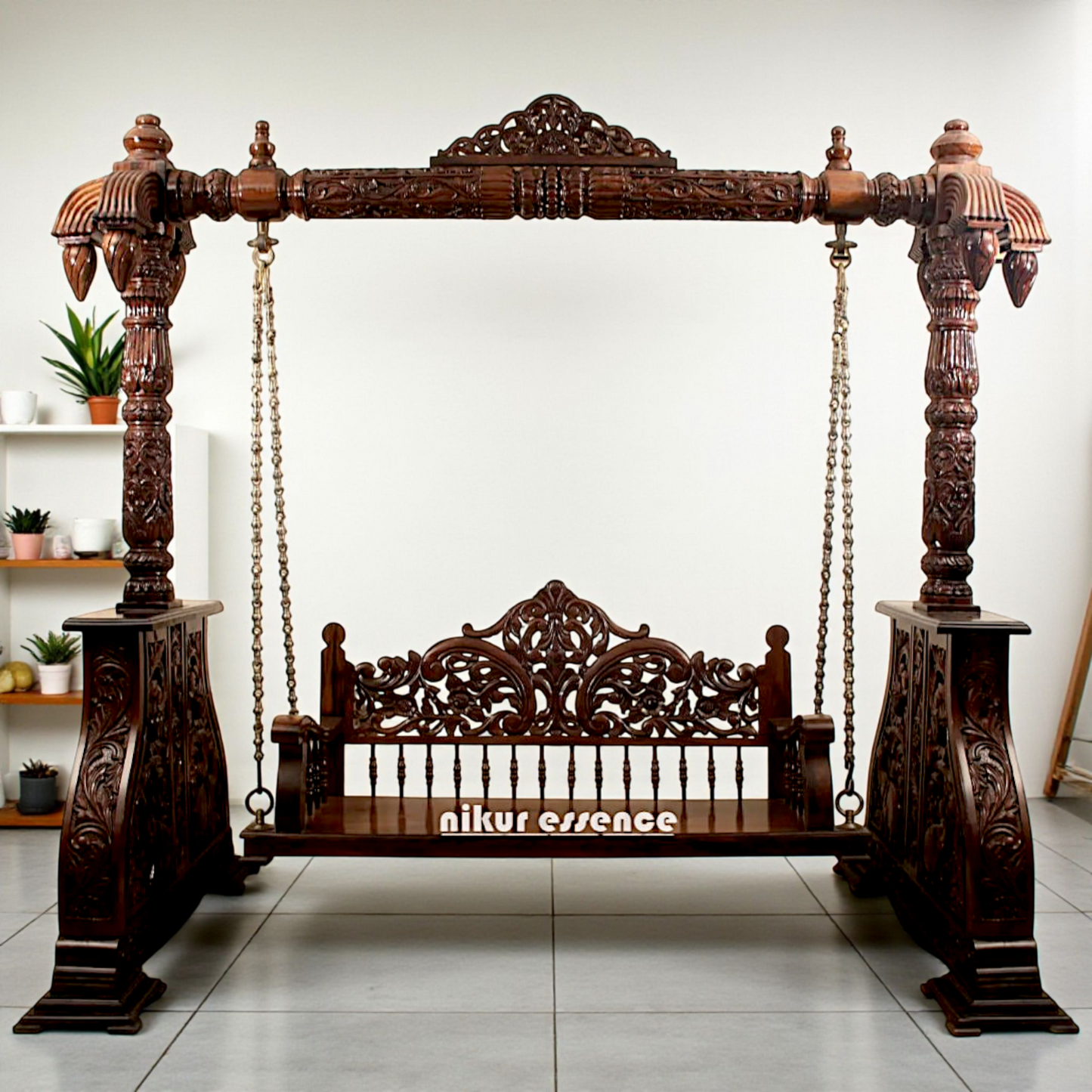 Nikur Essence Grand Hand-Carved Wooden Swing with Ornate Detailing & Premium Brass Chains – Traditional Jhula for Home Decor & Indoor Use Nikuressence