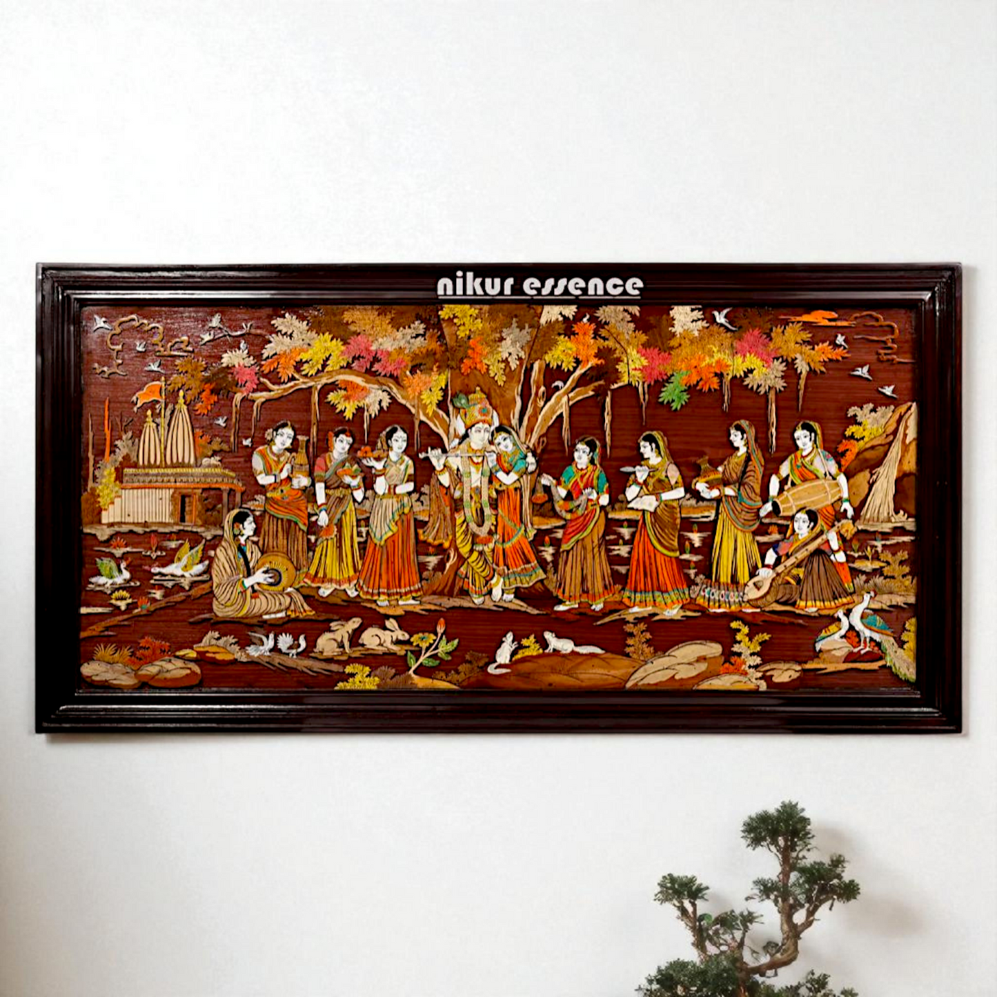 Radha Krishna Fluting with Gopis – 3D Wooden Wall Panel with Intricate Inlay Work Handcrafted Spiritual Art by Nikur Essence Nikuressence