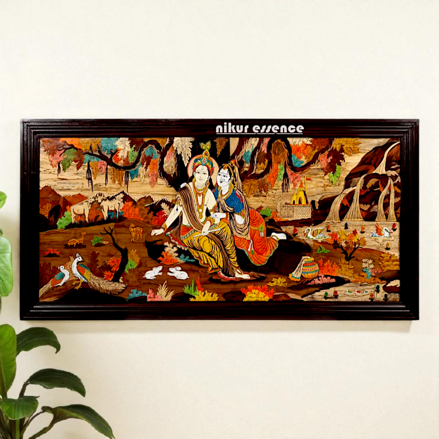 River side Seated Radha Krishna – Intricately Handcrafted 3D Wooden Wall Panel with Inlay Design | Spiritual Décor by Nikur Essence Nikuressence
