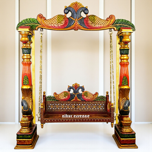 Nikur Essence Premium Handcrafted Wooden Swing with Colorful Peacock Design & Brass Chains – Decorative Jhula for Indoor/Outdoor Use Nikuressence