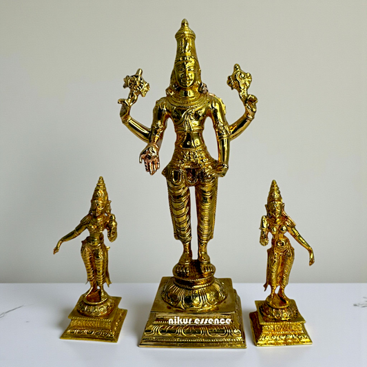 Srinivasa Swamy with Sridevi & Bhudevi in Blessing Posture – Panchaloha Idol by Nikur Essence Nikuressence