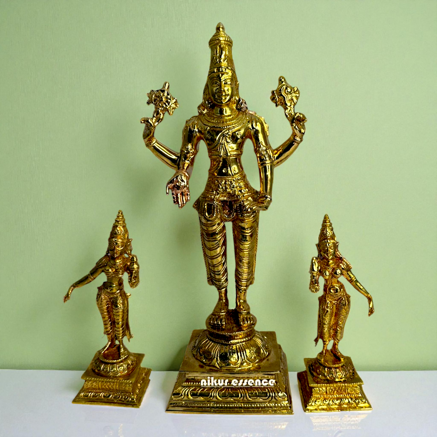 Srinivasa Swamy with Sridevi & Bhudevi in Blessing Posture – Panchaloha Idol by Nikur Essence Nikuressence