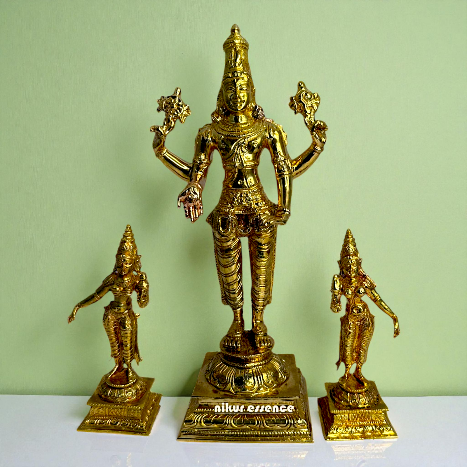 Srinivasa Swamy with Sridevi & Bhudevi in Blessing Posture – Panchaloha Idol by Nikur Essence Nikuressence