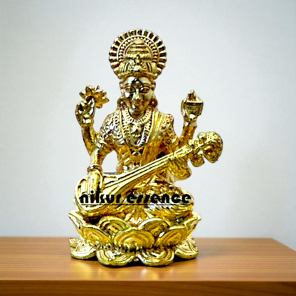 Graceful Saraswati Seated on Lotus in Pure Panchaloha by Nikur Essence – Handcrafted Divine Goddess of Wisdom Idol for Pooja Nikuressence
