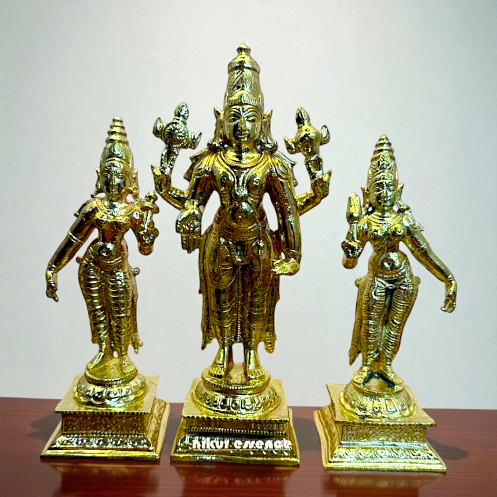 Handcrafted Panchaloha Vishnu Idol with Sridevi & BhuDevi – Spiritual Home Decor – Divine Hindu God Statue – Traditional Indian Temple Sculpture by Nikur Essence Nikuressence