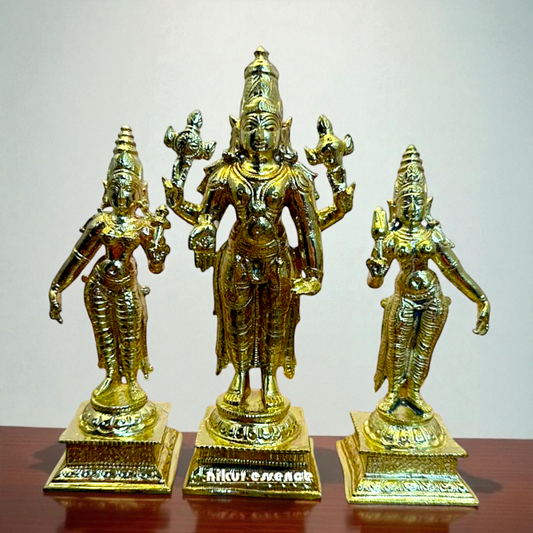 Handcrafted Panchaloha Vishnu Idol with Sridevi & BhuDevi – Spiritual Home Decor – Divine Hindu God Statue – Traditional Indian Temple Sculpture by Nikur Essence Nikuressence