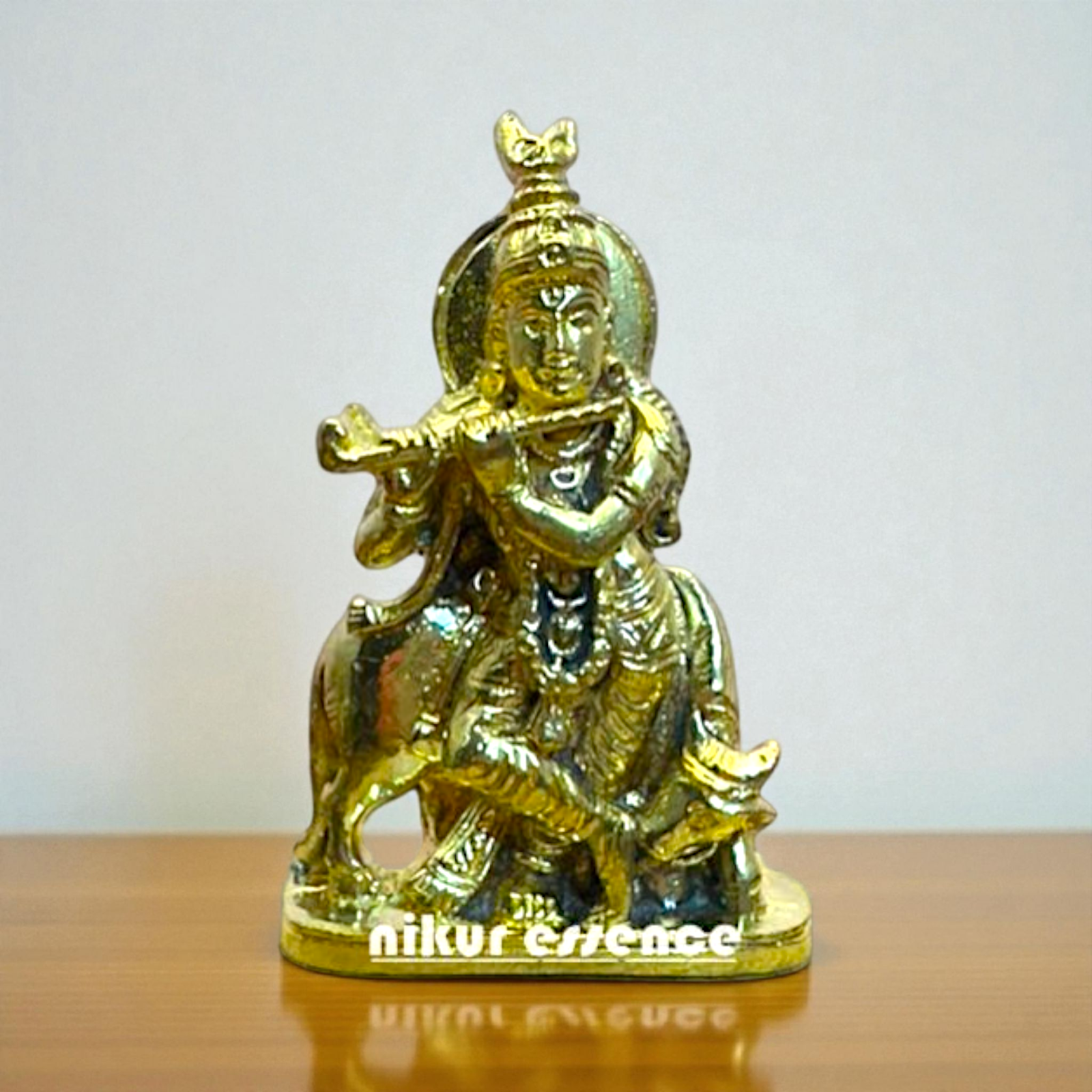 Panchaloha Shree Krishna Playing Flute with Cow Idol – Divine Vrindavan Scene Sculpture – Handcrafted Hindu God Statue by Nikur Essence Nikuressence
