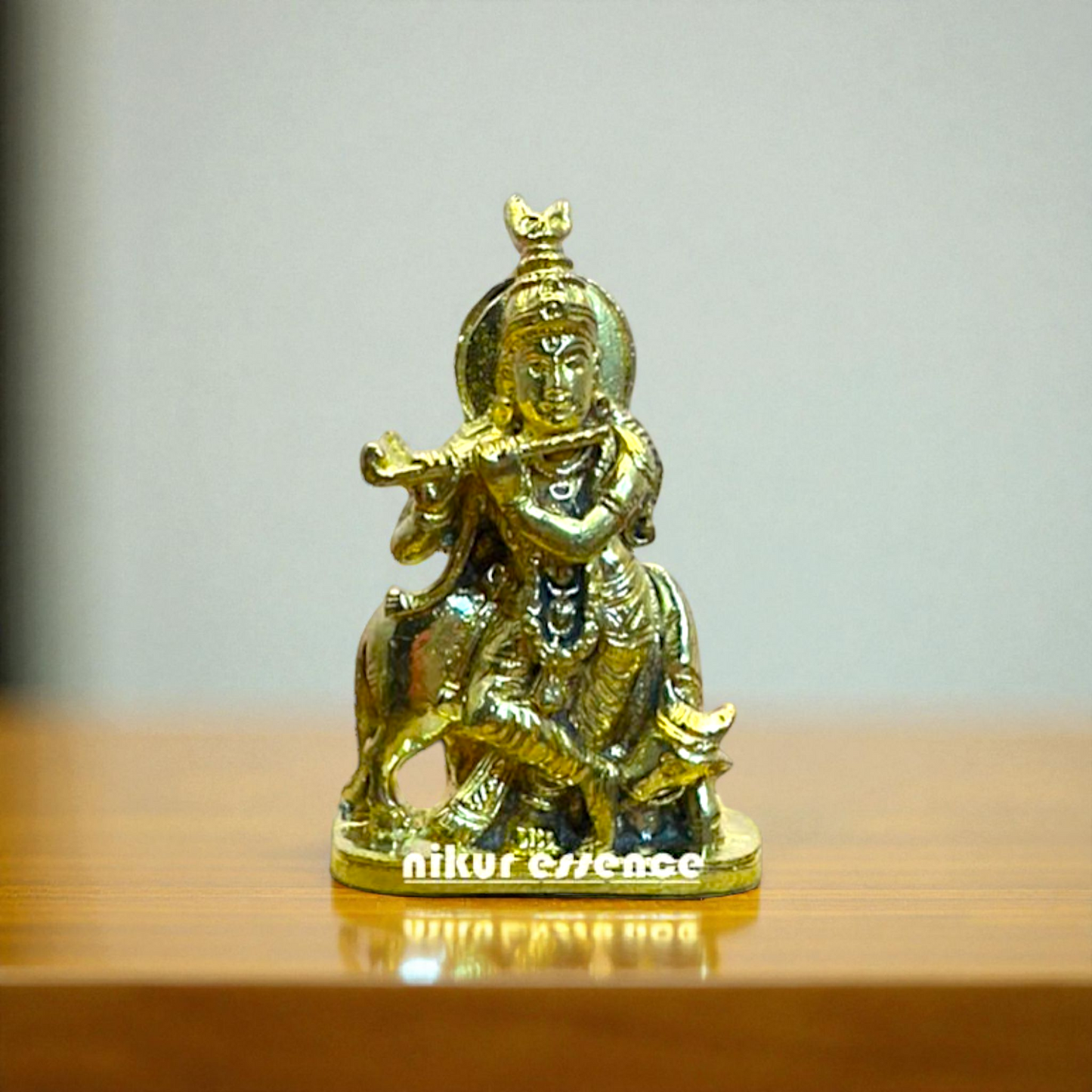 Panchaloha Shree Krishna Playing Flute with Cow Idol – Divine Vrindavan Scene Sculpture – Handcrafted Hindu God Statue by Nikur Essence Nikuressence