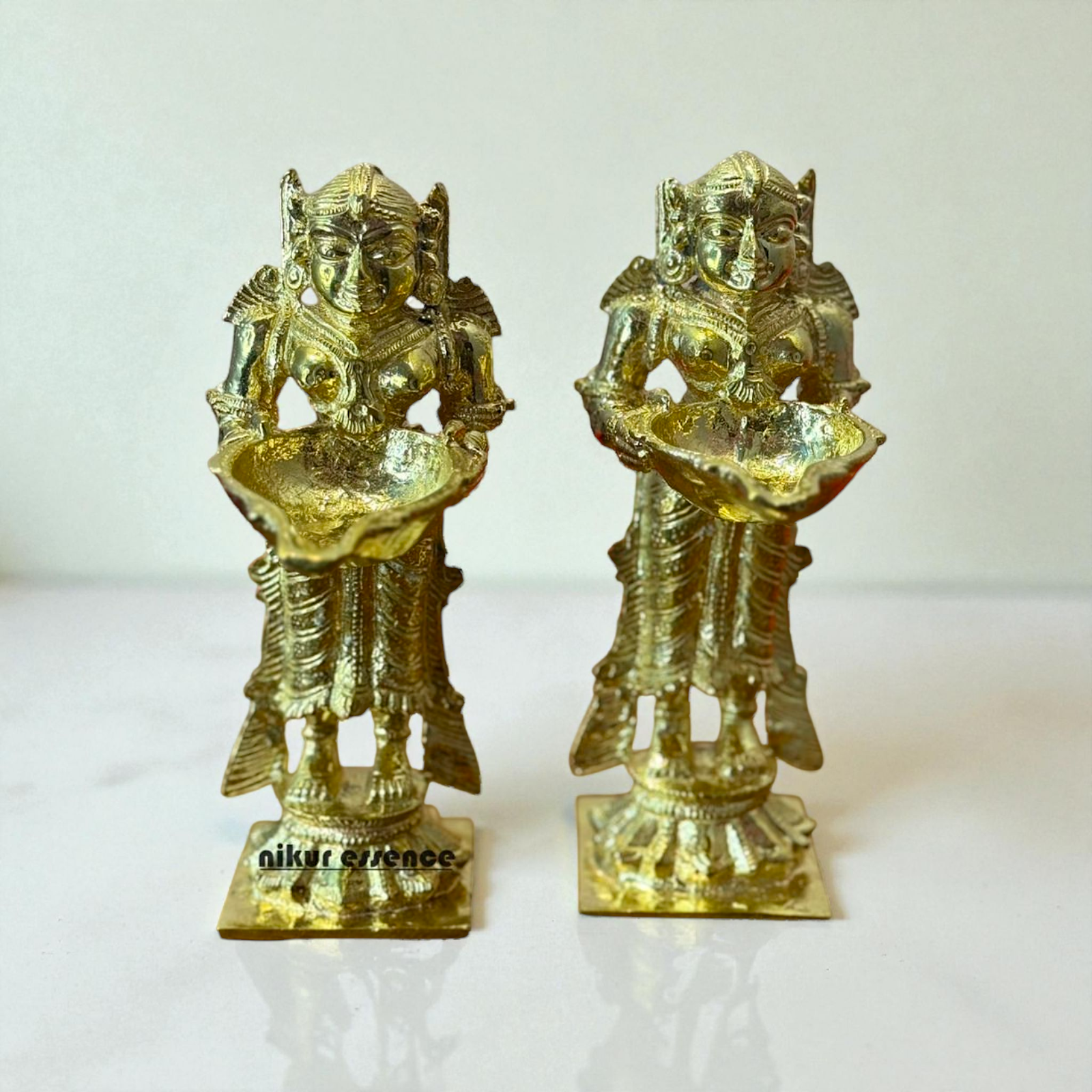 Sacred Deepa Lakshmi Panchaloha Idol Pair by Nikur Essence – Traditional Panchaloha Oil Lamp Goddess Statues Nikuressence