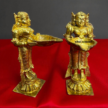 Pair of Deepa Lakshmi Panchaloha Idols by Nikur Essence – Handcrafted Divine Lakshmi Deepam Set for Temple Nikuressence