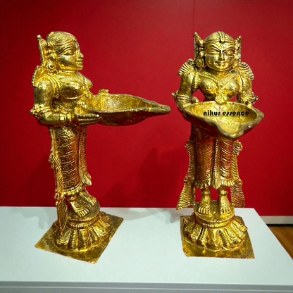 Pair of Deepa Lakshmi Panchaloha Idols by Nikur Essence – Handcrafted Divine Lakshmi Deepam Set for Temple Nikuressence
