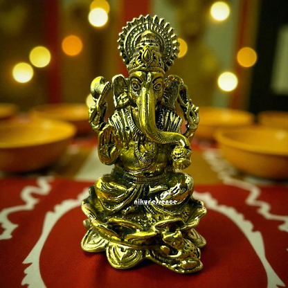 Ganesha Seated on Lotus Panchaloha Idol by Nikur Essence | Handcrafted Sacred Metal Sculpture Nikuressence