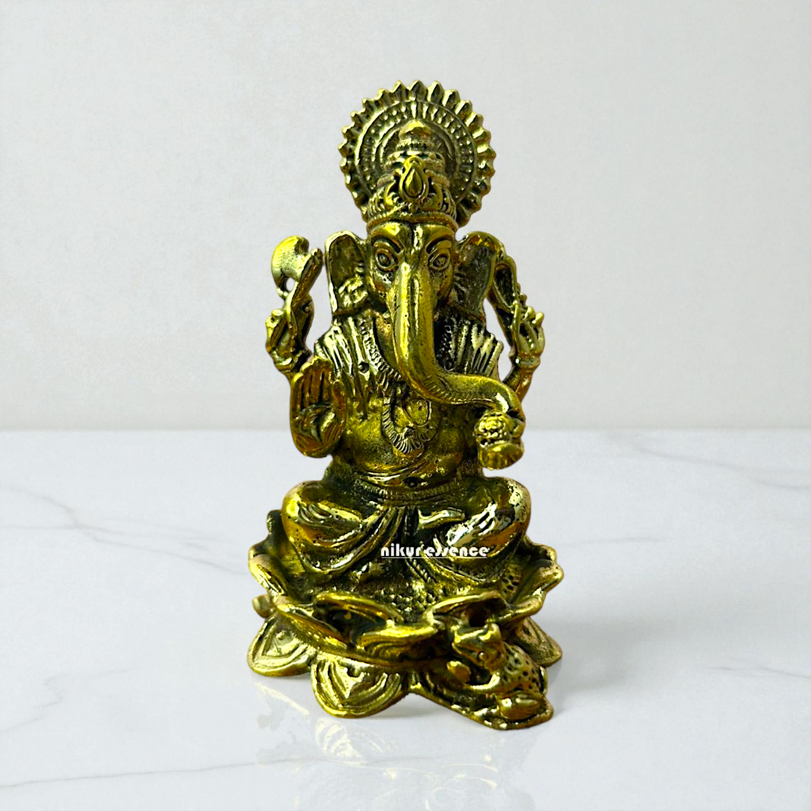 Ganesha Seated on Lotus Panchaloha Idol by Nikur Essence | Handcrafted Sacred Metal Sculpture Nikuressence