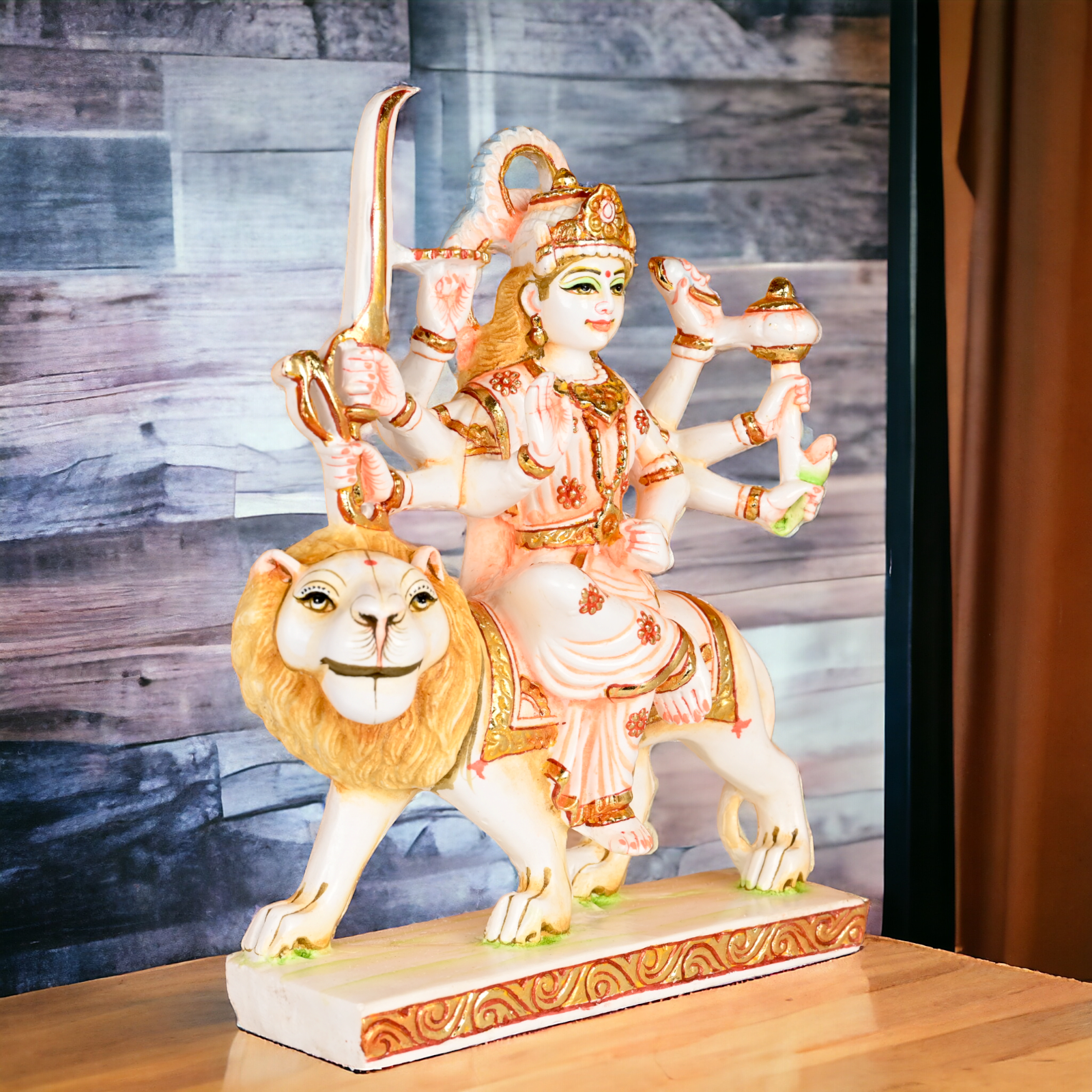 Buy Cultured Marble Goddess Durga Sitting on Lion Statue Nikuressence