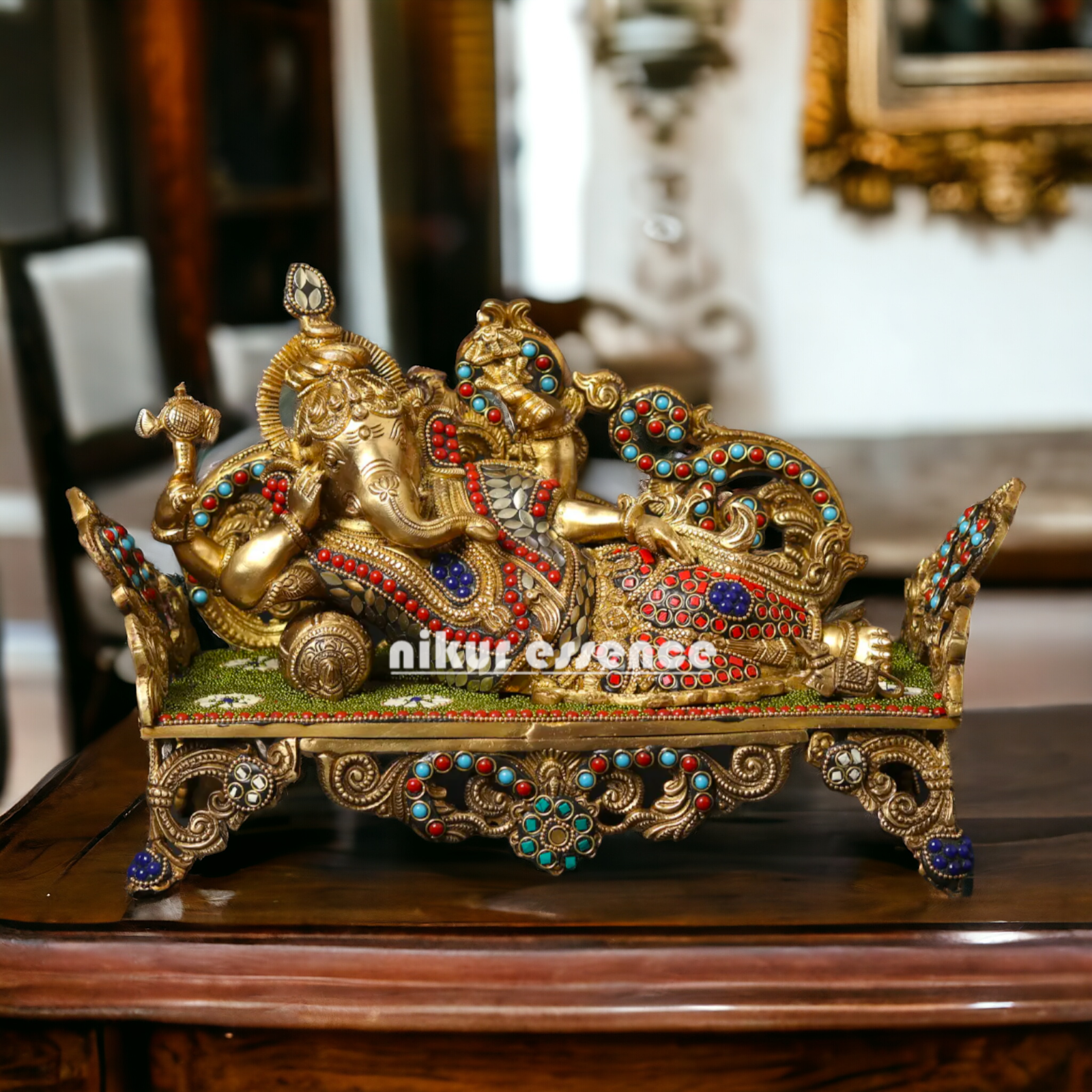 Lord Ganesha Vinayaka Relaxing Brass with Stone Work idol - 14 Inches Nikuressence