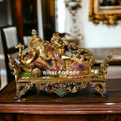 Lord Ganesha Vinayaka Relaxing Brass with Stone Work idol - 14 Inches Nikuressence