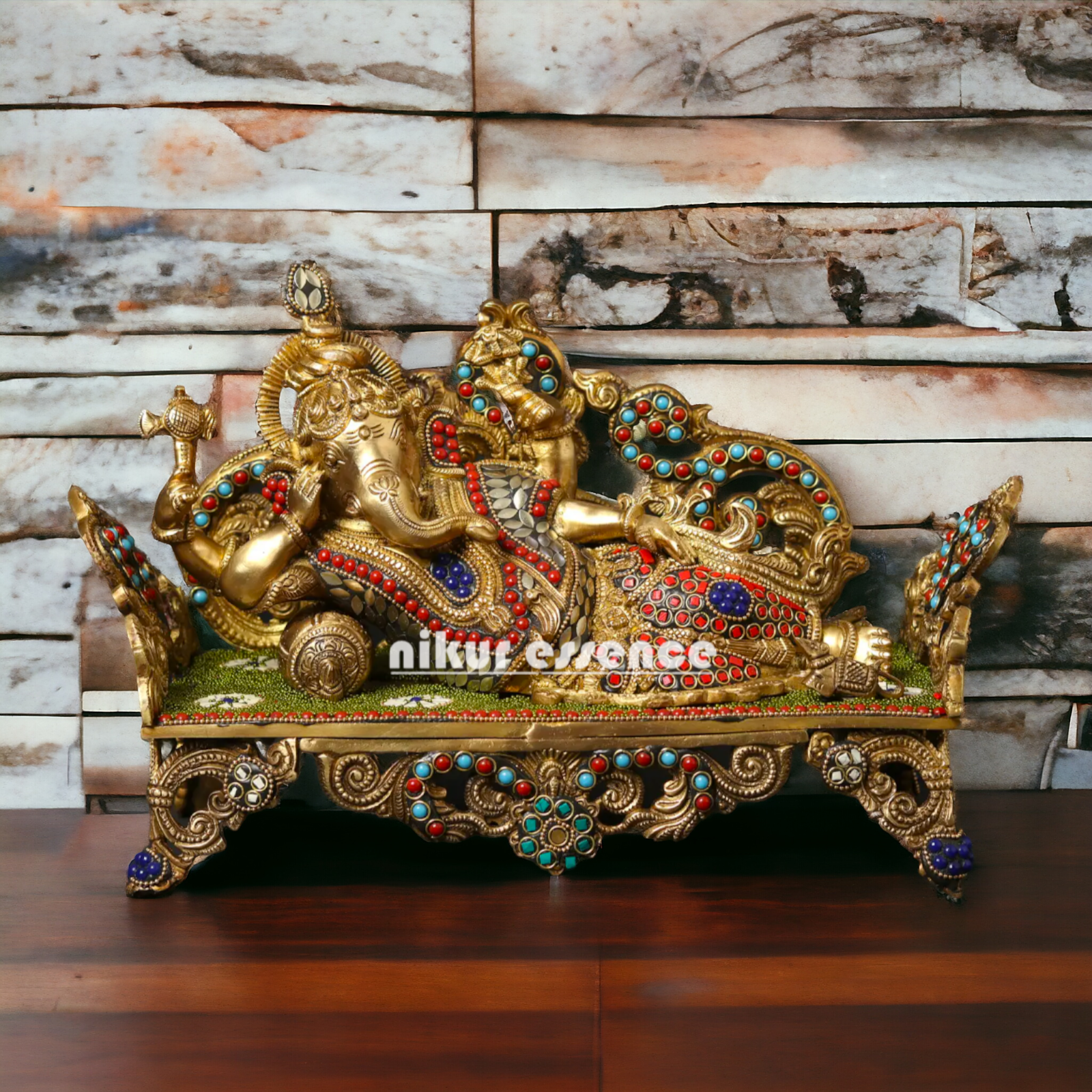 Lord Ganesha Vinayaka Relaxing Brass with Stone Work idol - 14 Inches Nikuressence