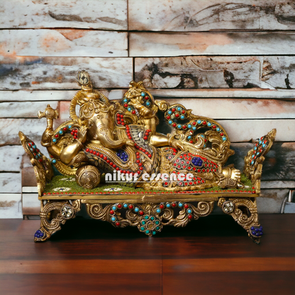 Lord Ganesha Vinayaka Relaxing Brass with Stone Work idol - 14 Inches Nikuressence