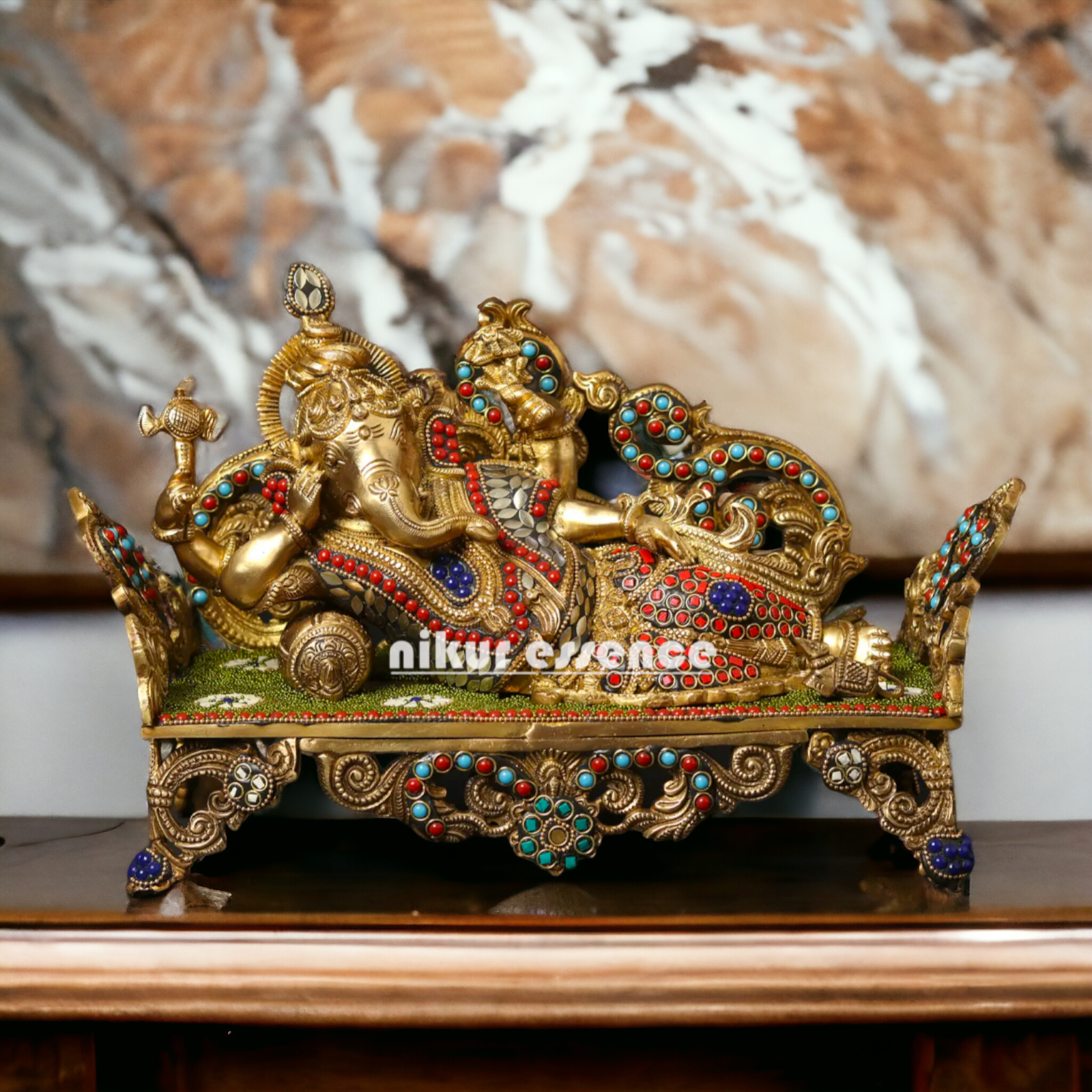 Lord Ganesha Vinayaka Relaxing Brass with Stone Work idol - 14 Inches Nikuressence