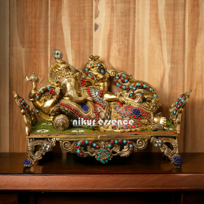 Lord Ganesha Vinayaka Relaxing Brass with Stone Work idol - 14 Inches Nikuressence