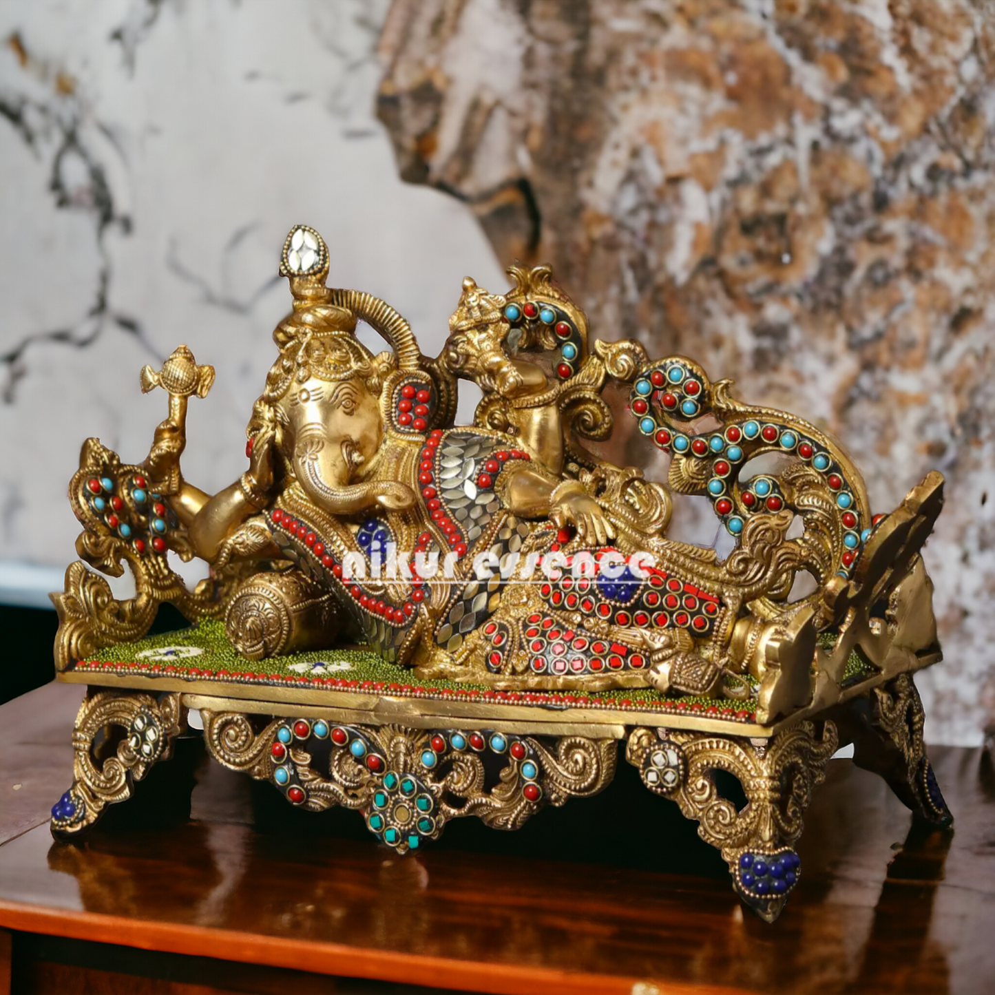 Lord Ganesha Vinayaka Relaxing Brass with Stone Work idol - 14 Inches Nikuressence