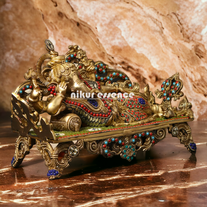 Lord Ganesha Vinayaka Relaxing Brass with Stone Work idol - 14 Inches Nikuressence