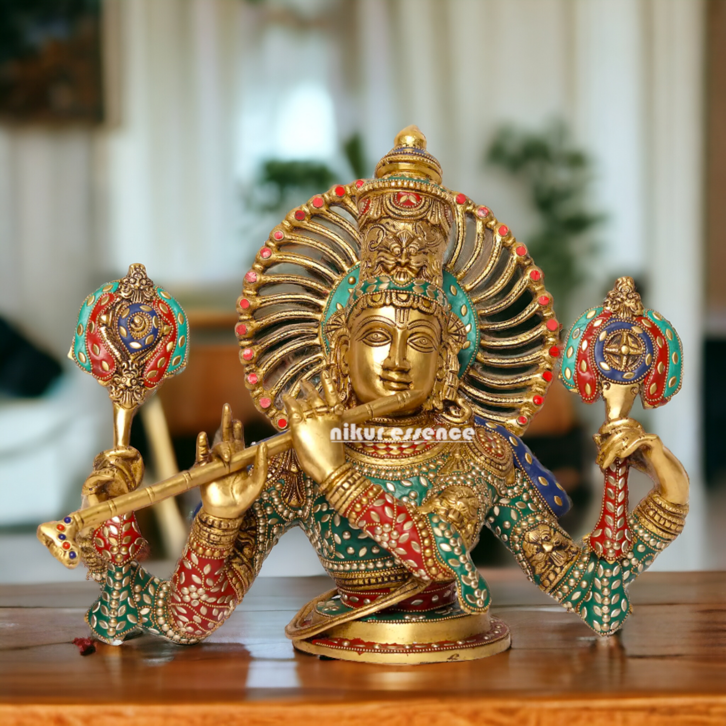 Lord Chaturbhuja Venugopal Krishna with Playing Flute Brass stone work idol - 16 Inches Nikuressence