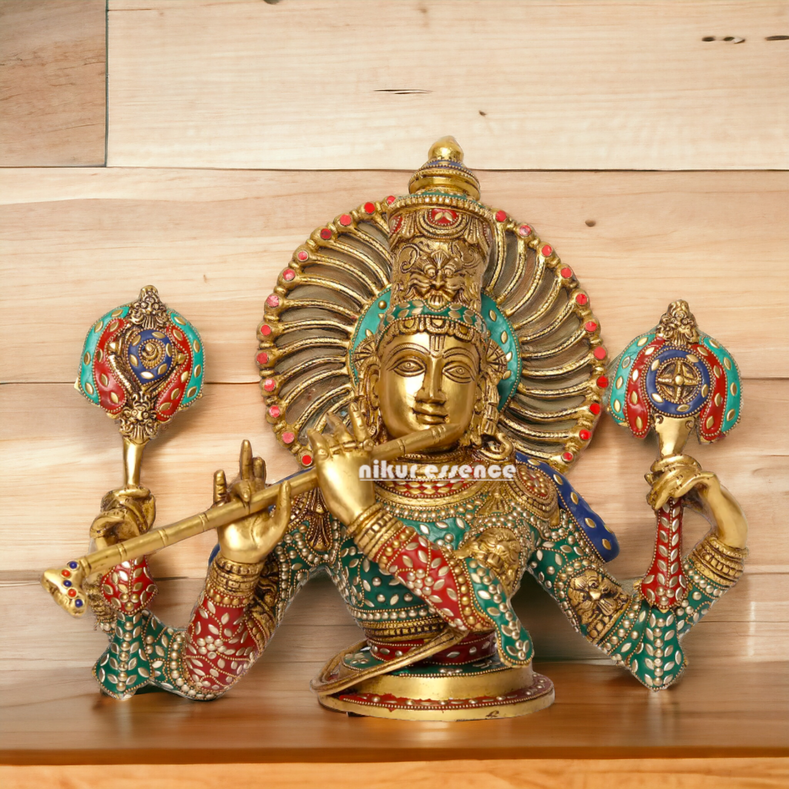 Lord Chaturbhuja Venugopal Krishna with Playing Flute Brass stone work idol - 16 Inches Nikuressence