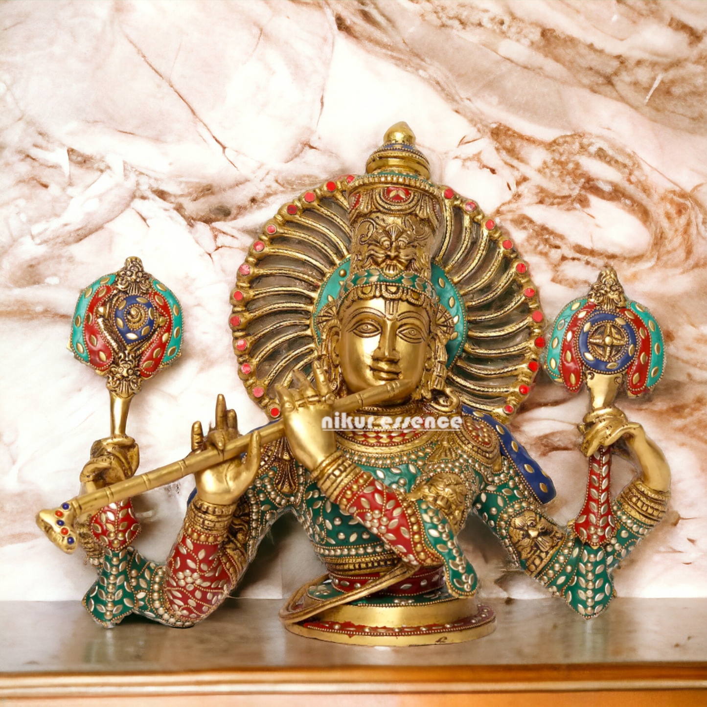 Lord Chaturbhuja Venugopal Krishna with Playing Flute Brass stone work idol - 16 Inches Nikuressence