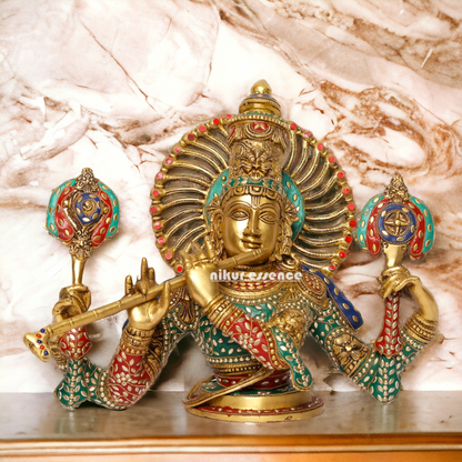 Lord Chaturbhuja Venugopal Krishna with Playing Flute Brass stone work idol - 16 Inches Nikuressence