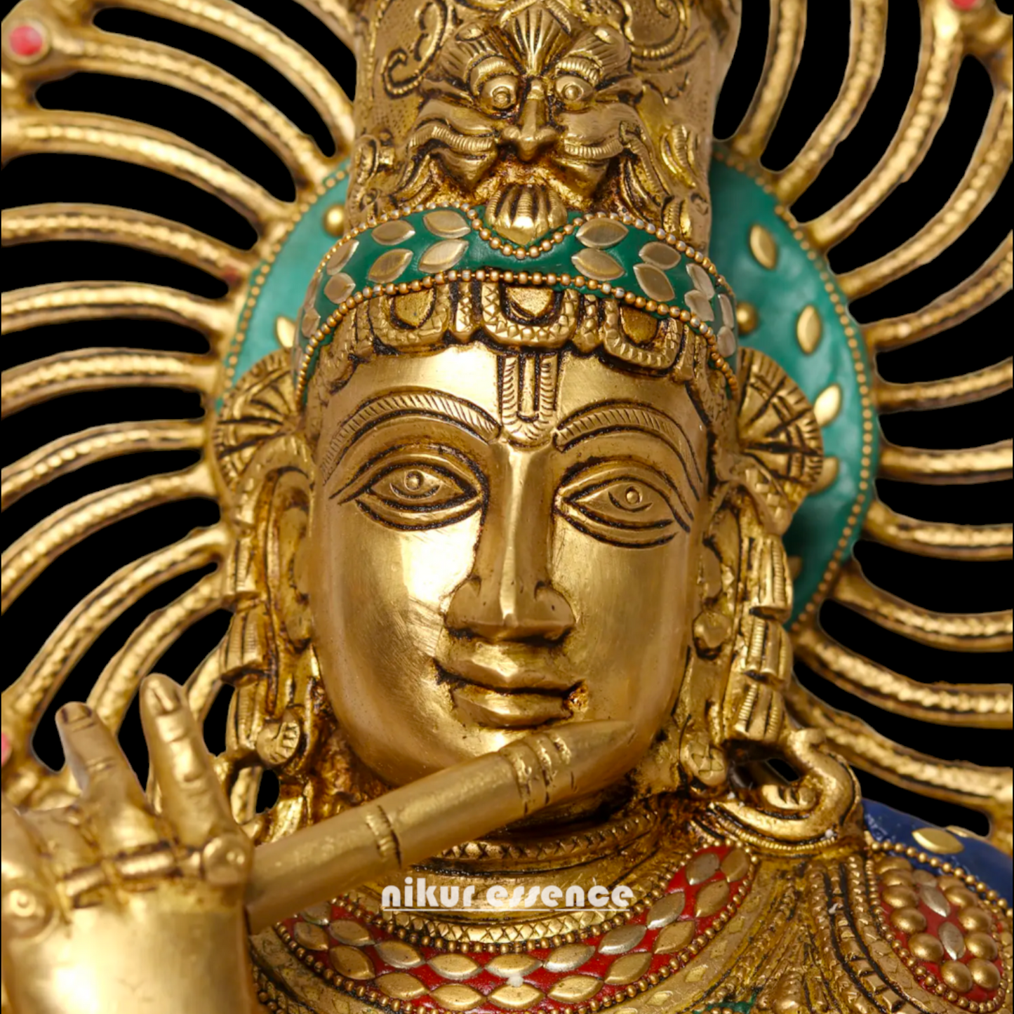 Lord Chaturbhuja Venugopal Krishna with Playing Flute Brass stone work idol - 16 Inches Nikuressence