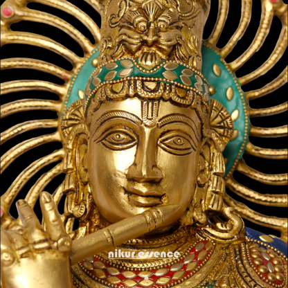 Lord Chaturbhuja Venugopal Krishna with Playing Flute Brass stone work idol - 16 Inches Nikuressence