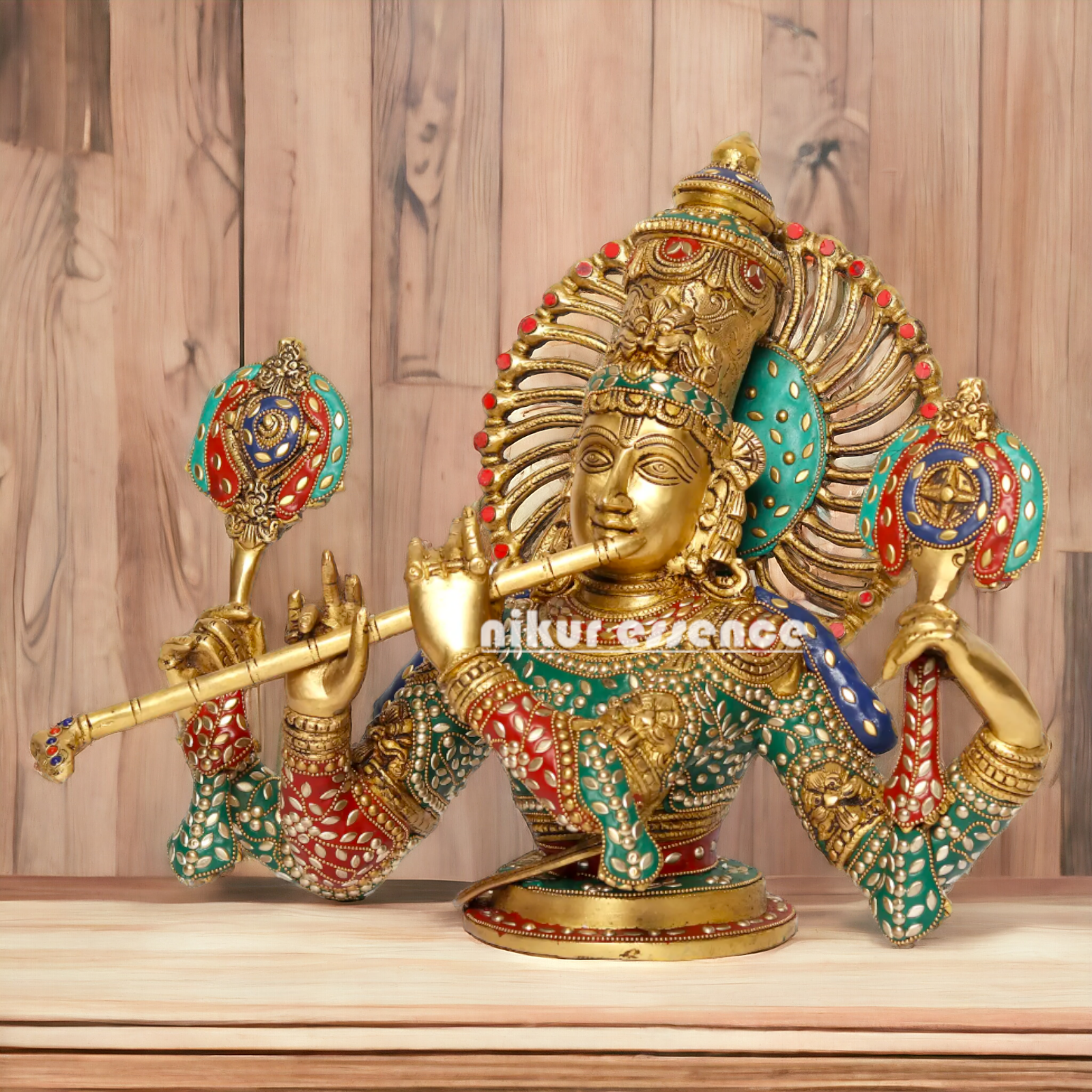 Lord Chaturbhuja Venugopal Krishna with Playing Flute Brass stone work idol - 16 Inches Nikuressence