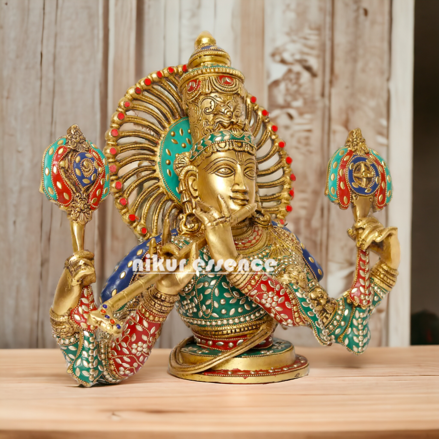 Lord Chaturbhuja Venugopal Krishna with Playing Flute Brass stone work idol - 16 Inches Nikuressence