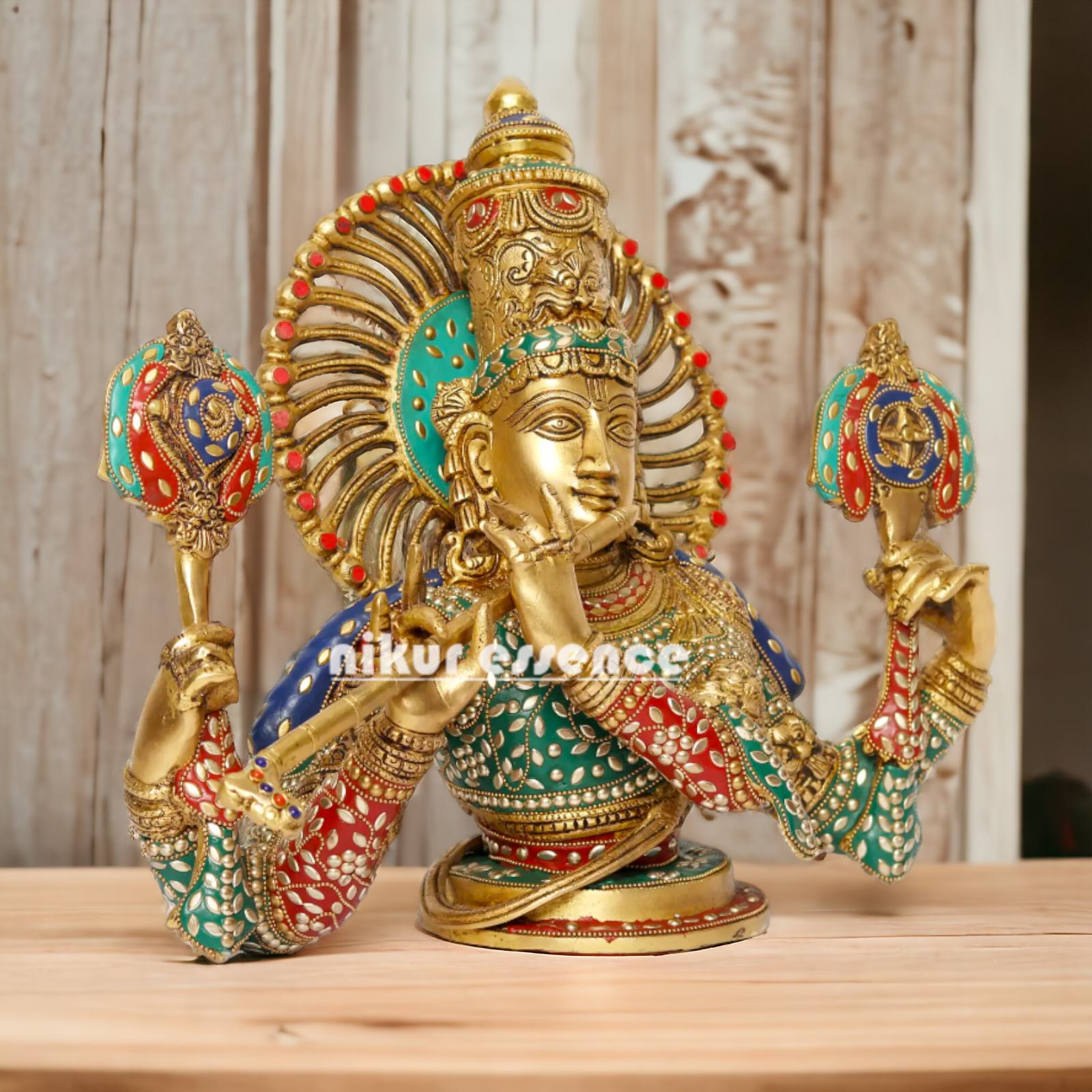 Lord Chaturbhuja Venugopal Krishna with Playing Flute Brass stone work idol - 16 Inches Nikuressence
