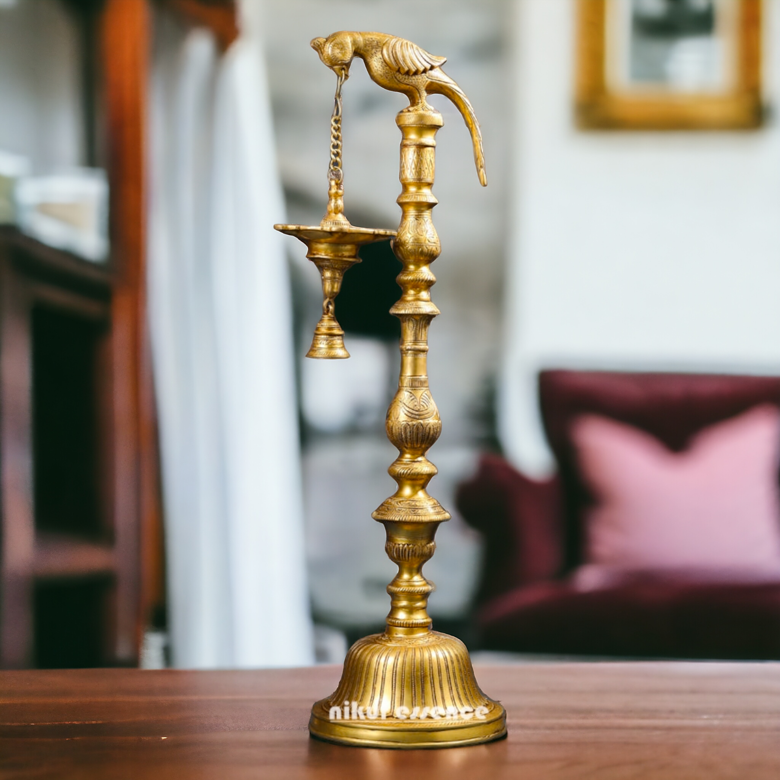 Big Peacock Diya Lamp with Bell Solid Brass - 40 inch Nikuressence