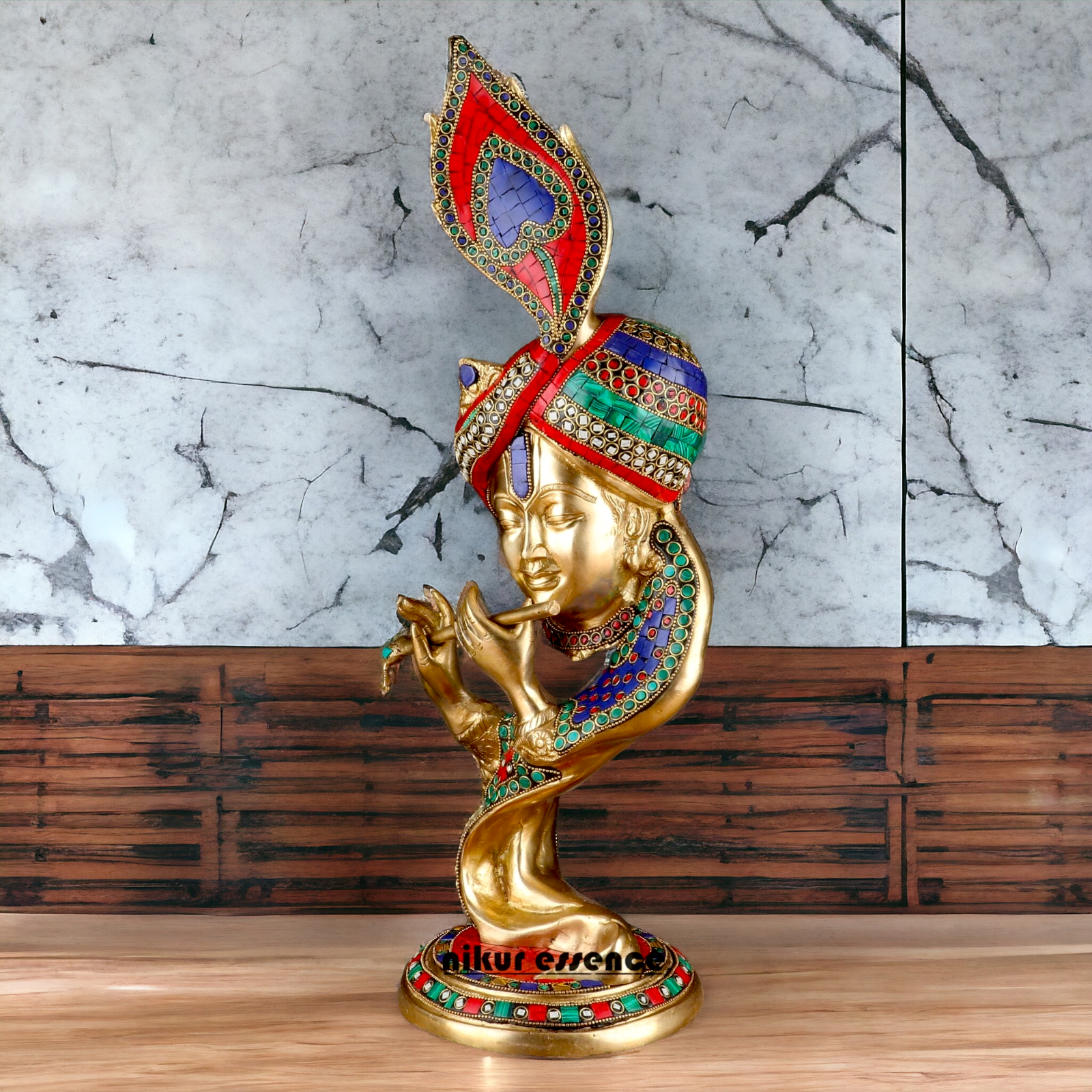 Lord Krishna Head Playing Flute with Stone Work - 20 inches Nikuressence