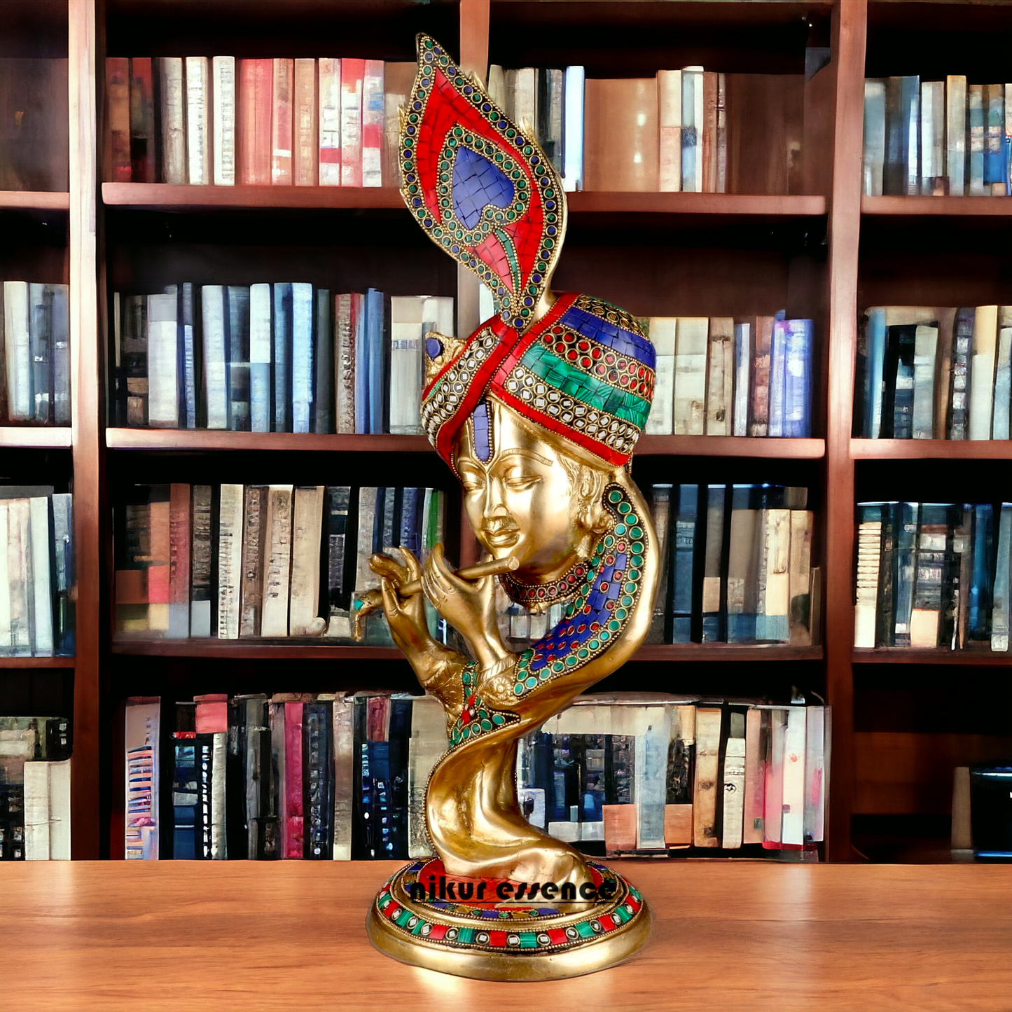 Lord Krishna Head Playing Flute with Stone Work - 20 inches Nikuressence